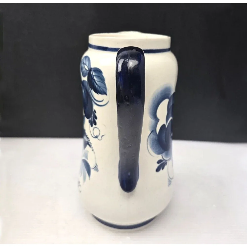 Vintage Gzhel-Stye Russian Water Pitcher Vase Ewer Cobalt Blue Floral Signed 8